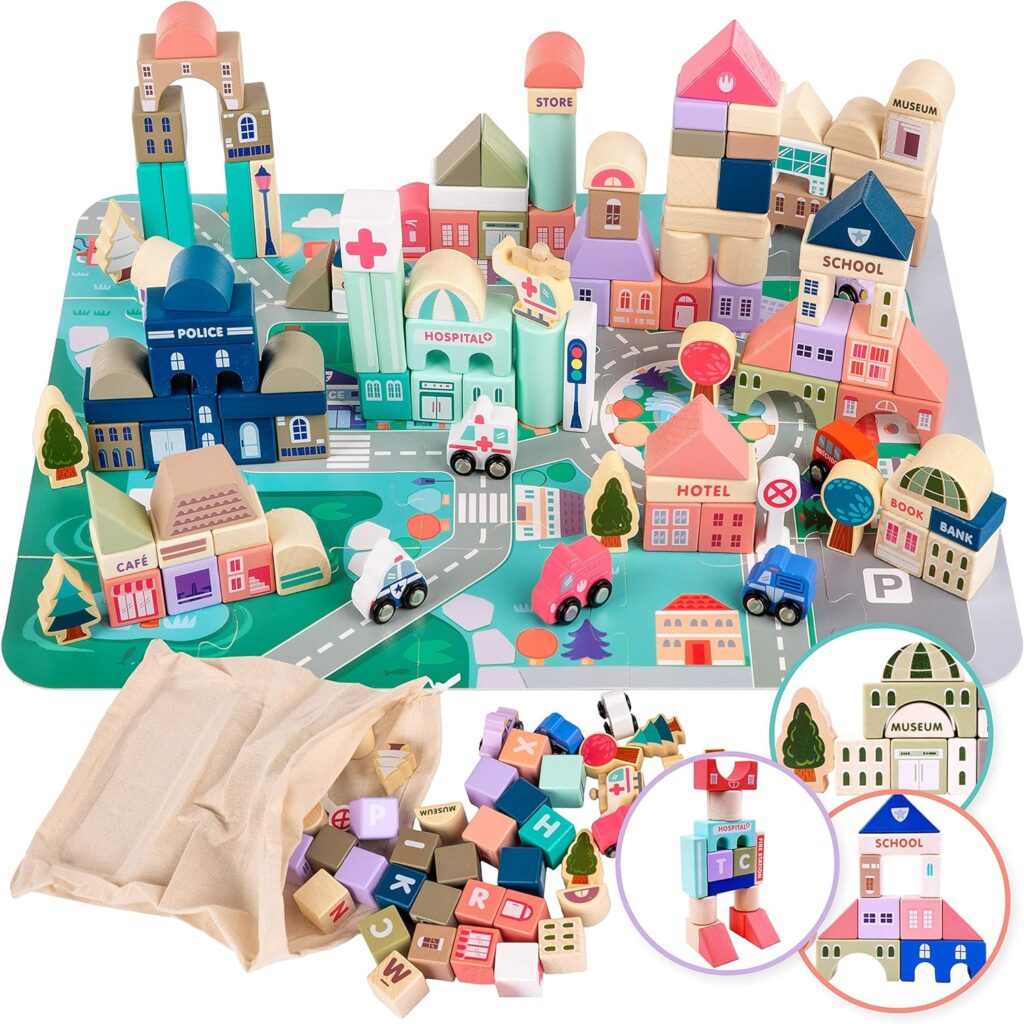 Kinderplay | Cubes en Bois pour Jouer - Bloc de Construction Bois | Jeu Route | Ville | Jeu de Construction