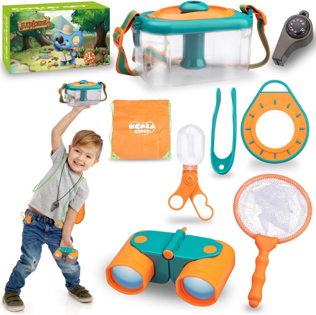 Achiyway Jouets Explorateur Extérieur Enfant Kit Loupe Jumelle Boussole Papillon Filet Pince à épiler Attrape-Insectes Sac De Rangement Cadeaux Randonnée Camping Nature éducatifs pour Enfants