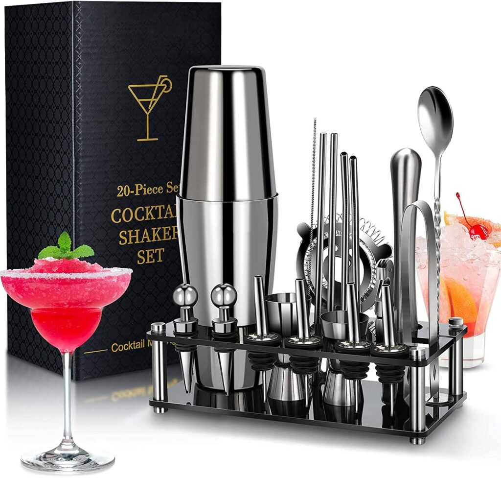 Chulovs Shaker Cocktail Set 20 Pièces Ensemble de shaker, Shaker Acier Inoxydable support en acrylique, outils de bar professionnels pour mélanger les boissons 