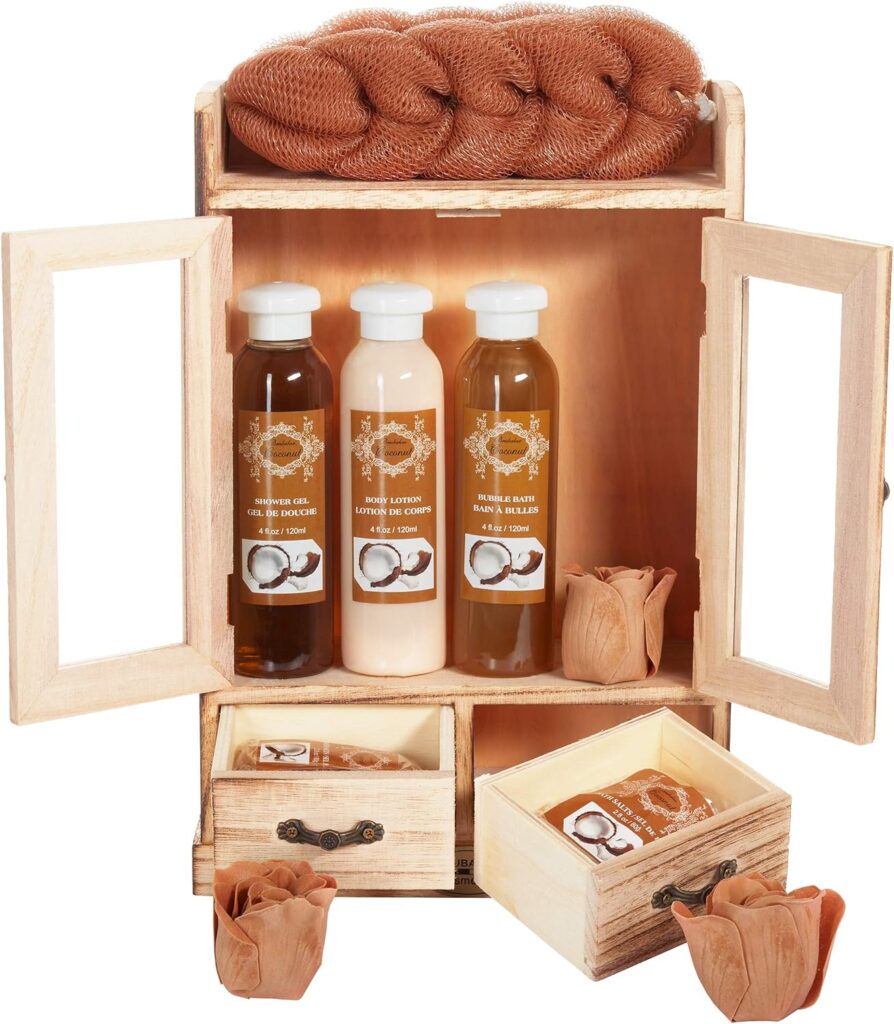 32. BRUBAKER Cosmetics - Coffret de bain - Noix de coco - 10 Pièces - Armoire en Bois - Idée cadeau 